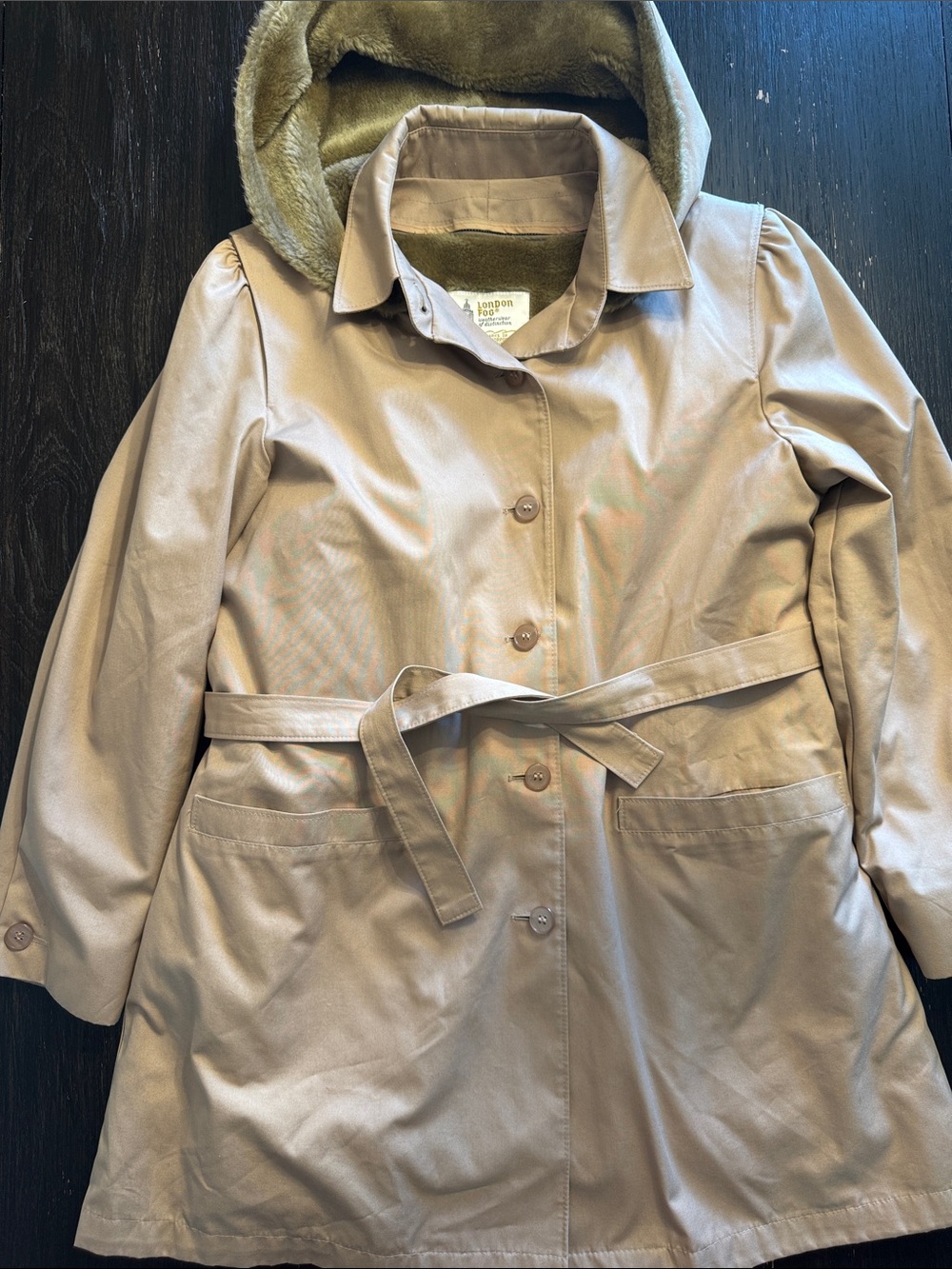 London Fog Women's Light Beige Hooded Trench Coat with Waist Tie Removable Liner
